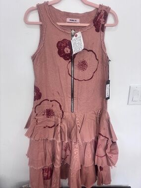 NWT Marna Ro Tiered Ruffle Floral Dress Dusty Rose Raw Hem Cotton M